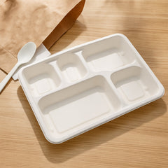 5-Compartment Rectangle Lunch Compostable Bagasse Plate – 10 Pcs Pack