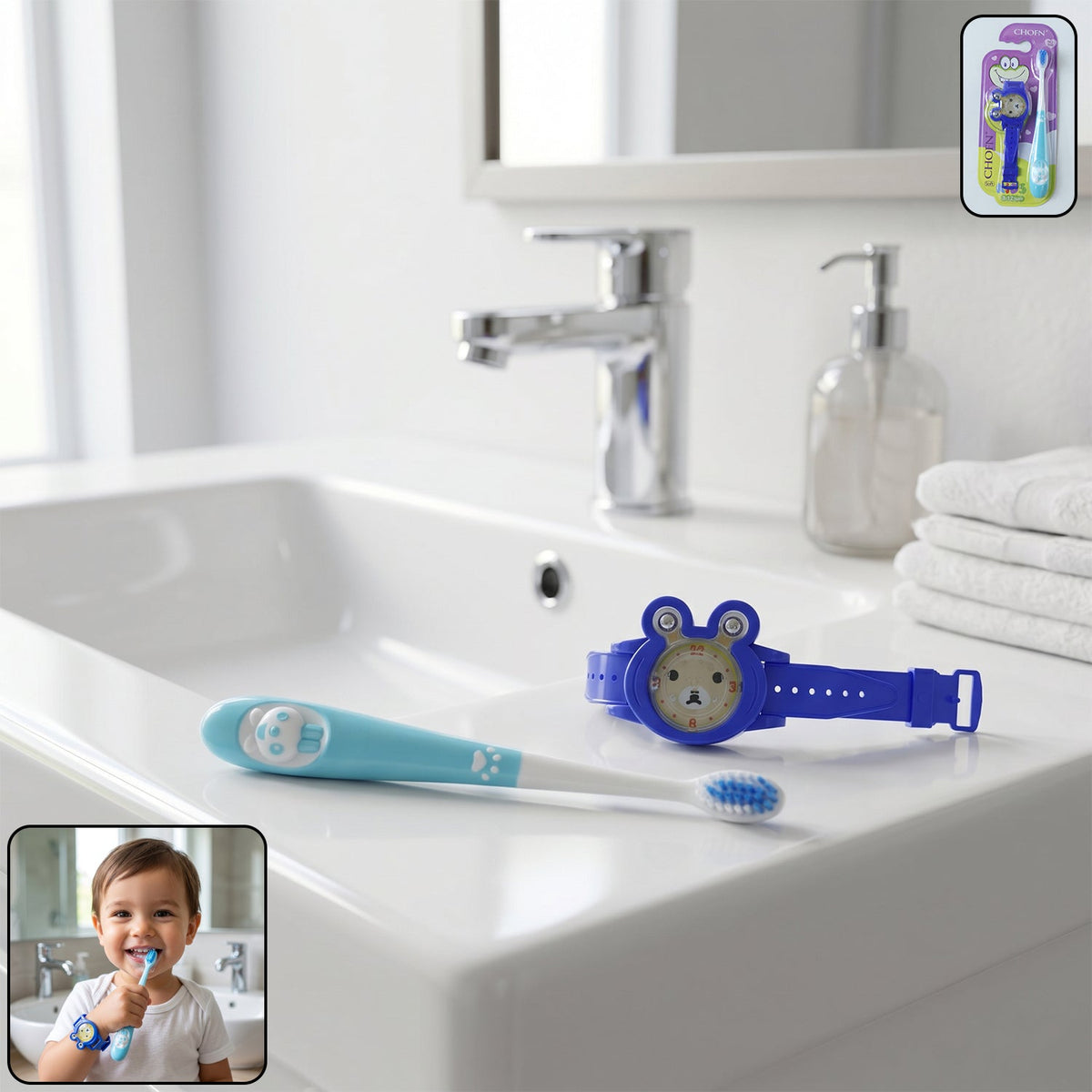 2 in 1 Kids Toothbrush with Cartoon Watch Toy (2 Pc Set)