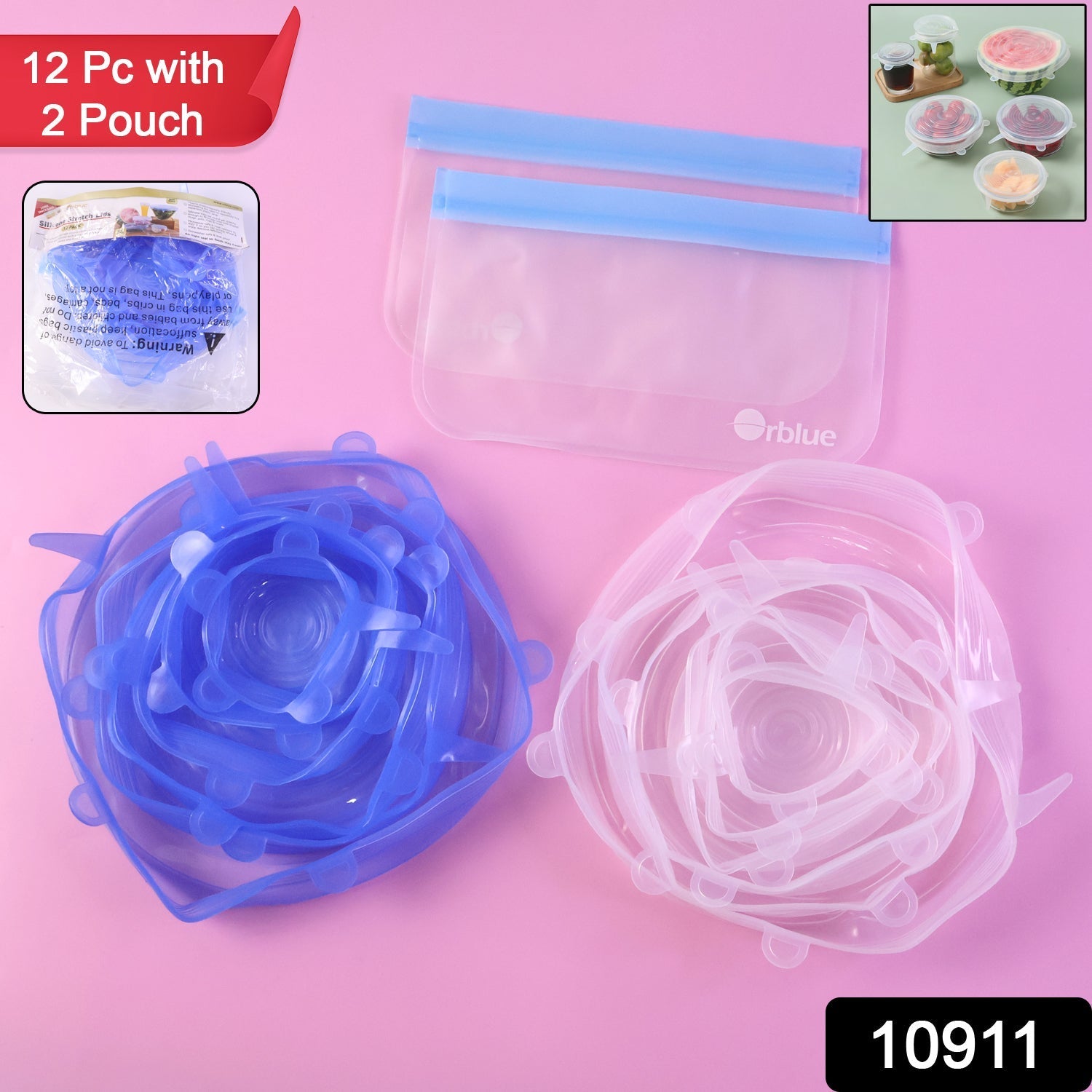 12 Peace Reusable Stretch Lids Set with 2 Storage Pouches – Flexible Food Cover Lids