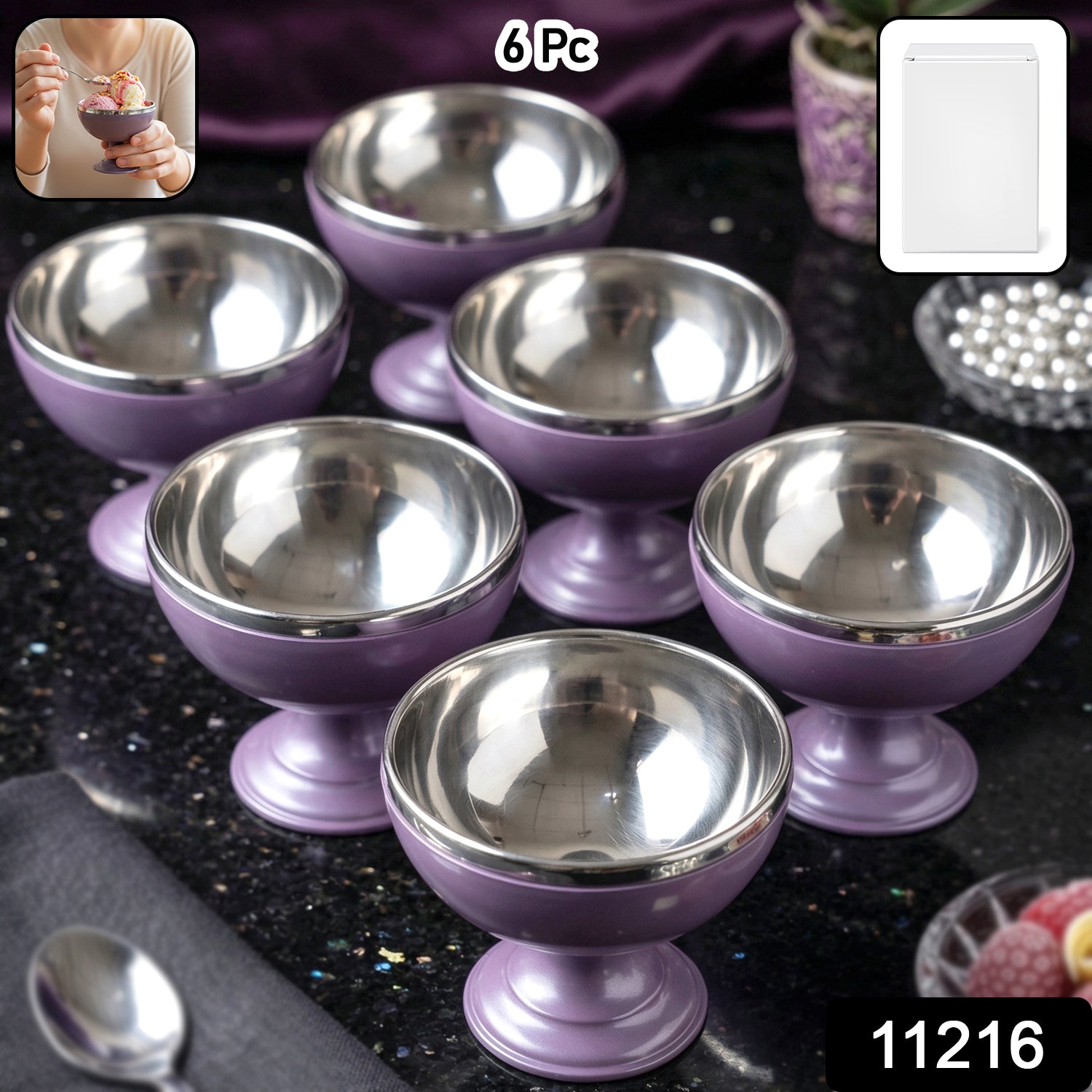 6 Pc Stainless Steel Dessert Bowl Cup Set with Stand