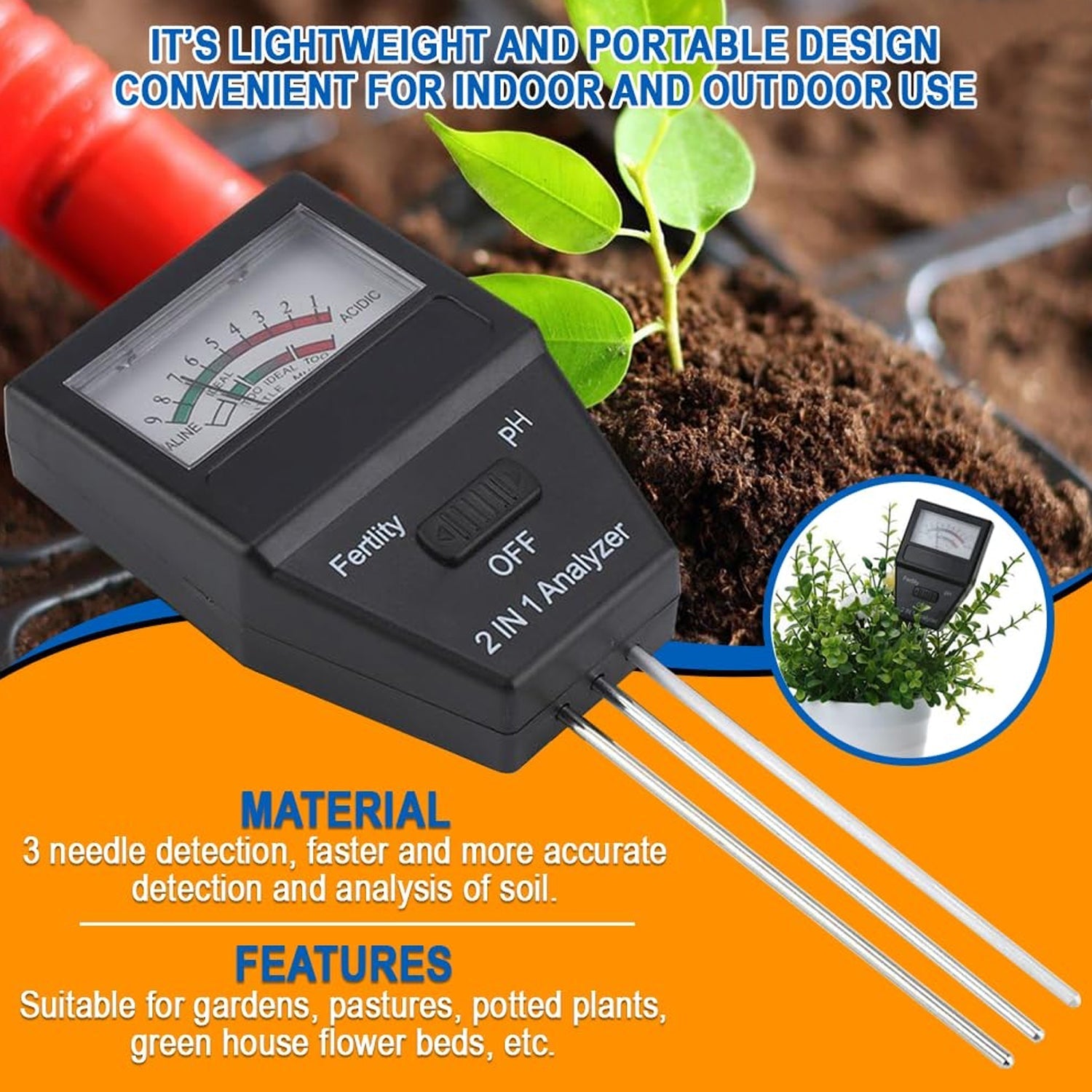 2 in 1 Soil Meter - Soil pH & Fertility Tester Analyzer (1 Pc)