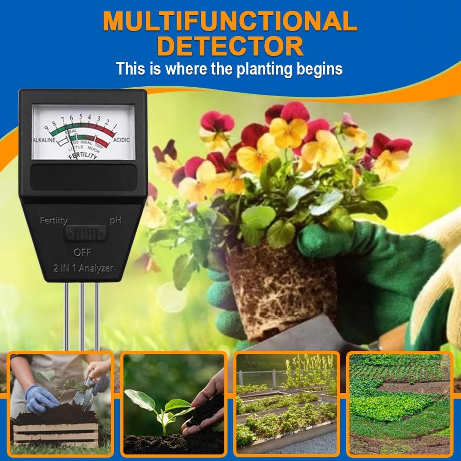 2 in 1 Soil Meter - Soil pH & Fertility Tester Analyzer (1 Pc)