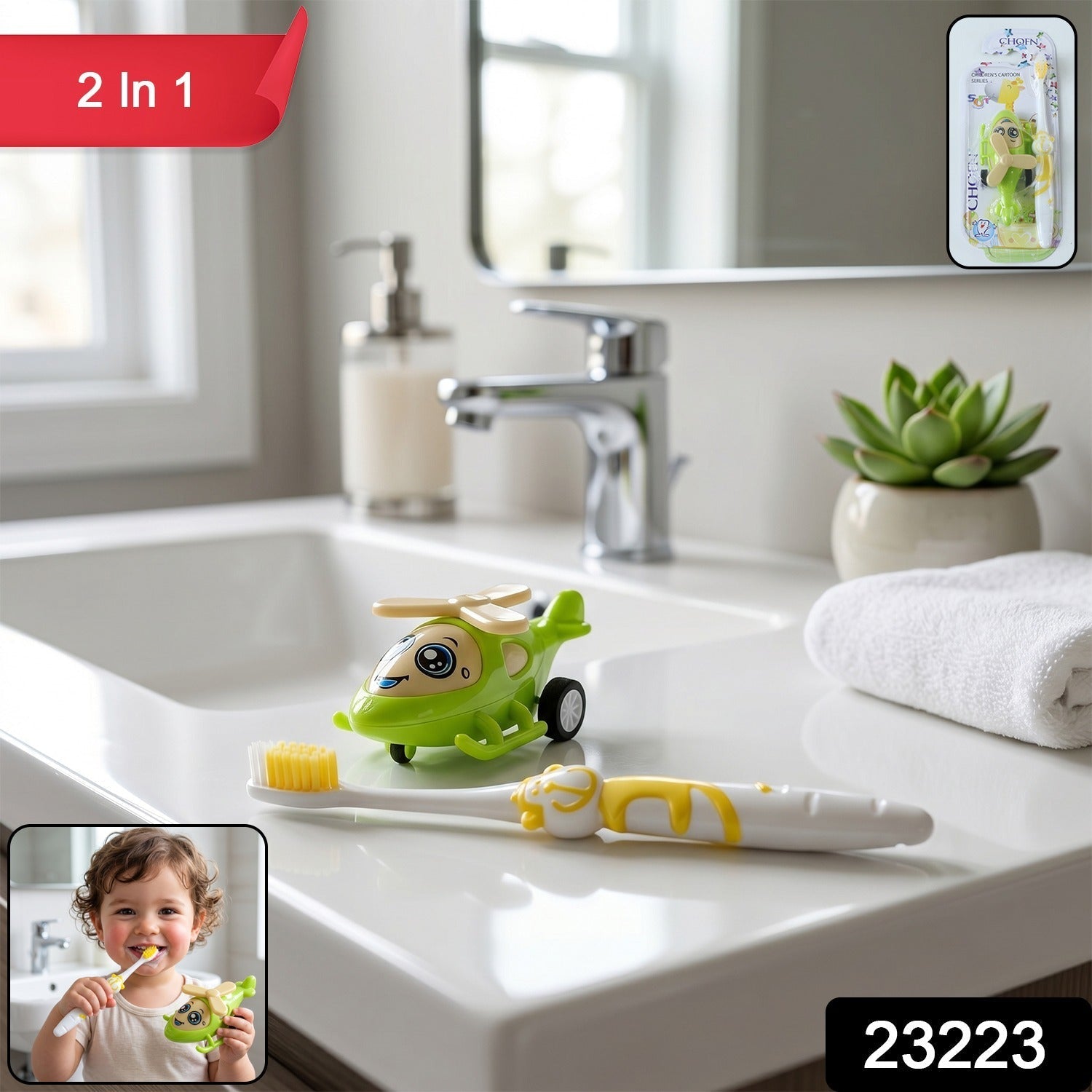 2 in 1 Kids Toothbrush with Fun Helicopter Toy (2 Pc Set)