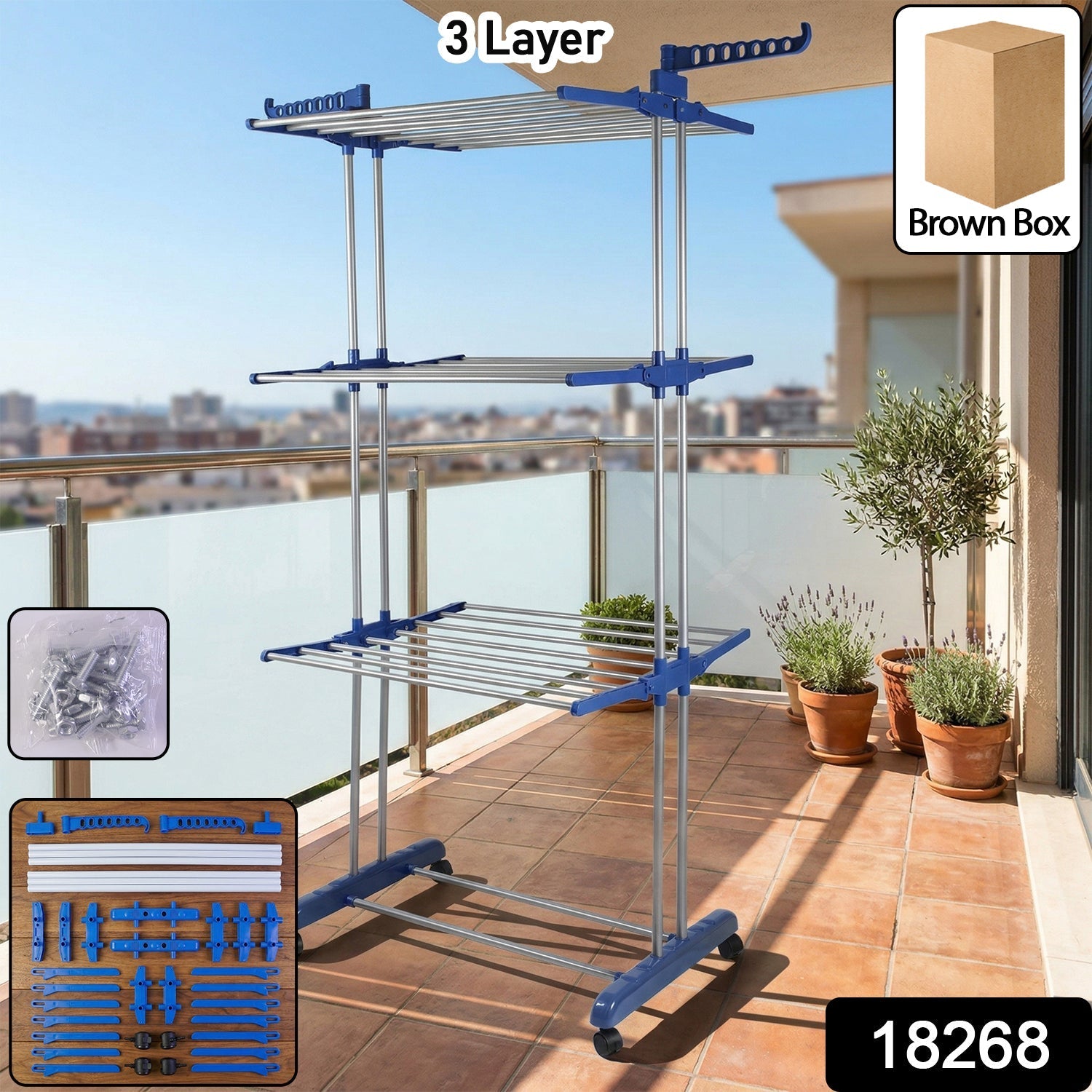 3 Layer Foldable Clothes Drying Stand Rack with Wheels (1 Pc)