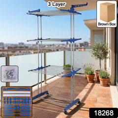 3 Layer Foldable Clothes Drying Stand Rack with Wheels (1 Pc)