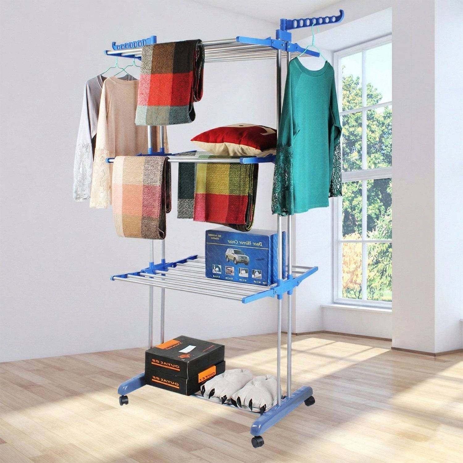 3 Layer Foldable Clothes Drying Stand Rack with Wheels (1 Pc)
