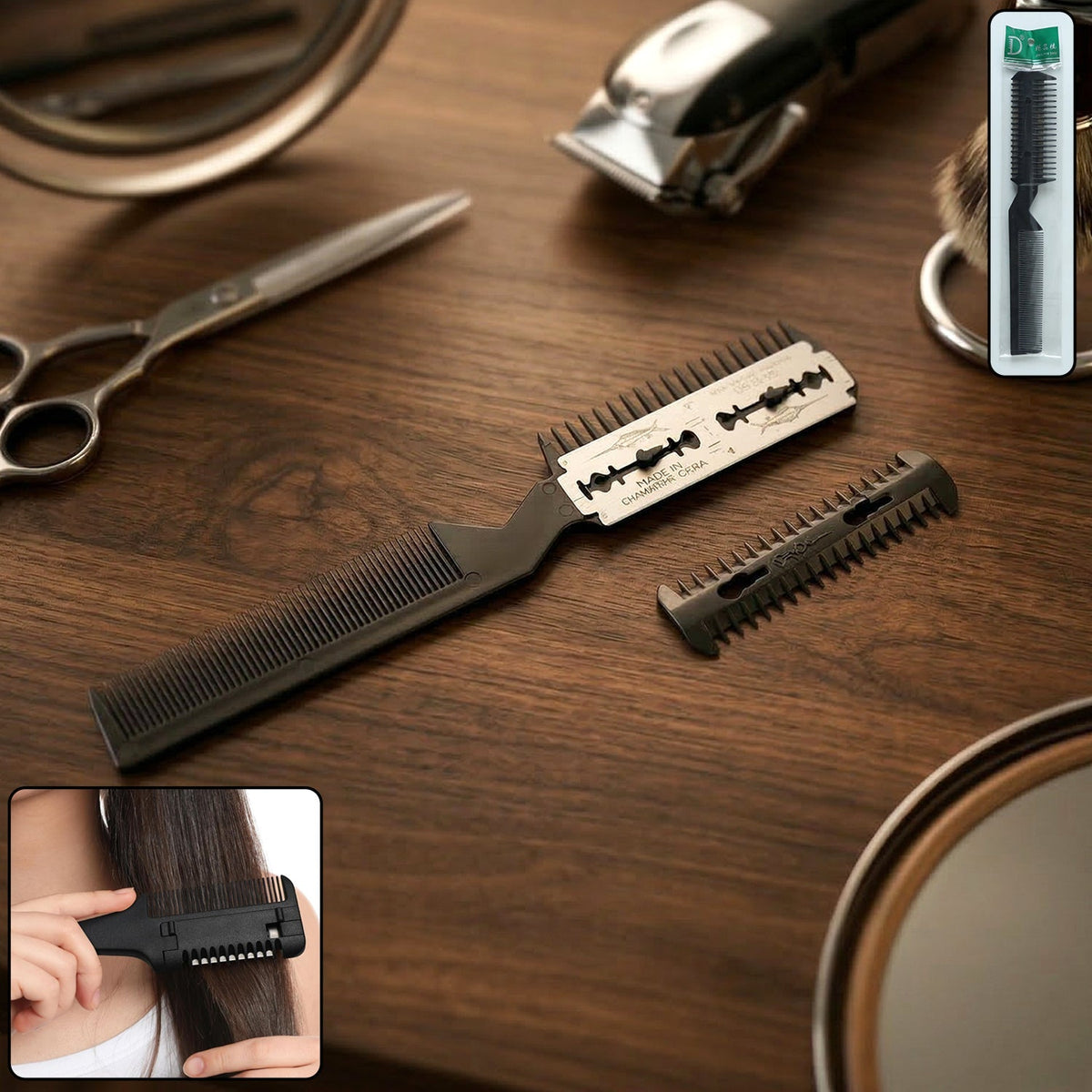 2 in 1 Double-Sided Hair Cutting Comb with Razor Blade (1 Pc)