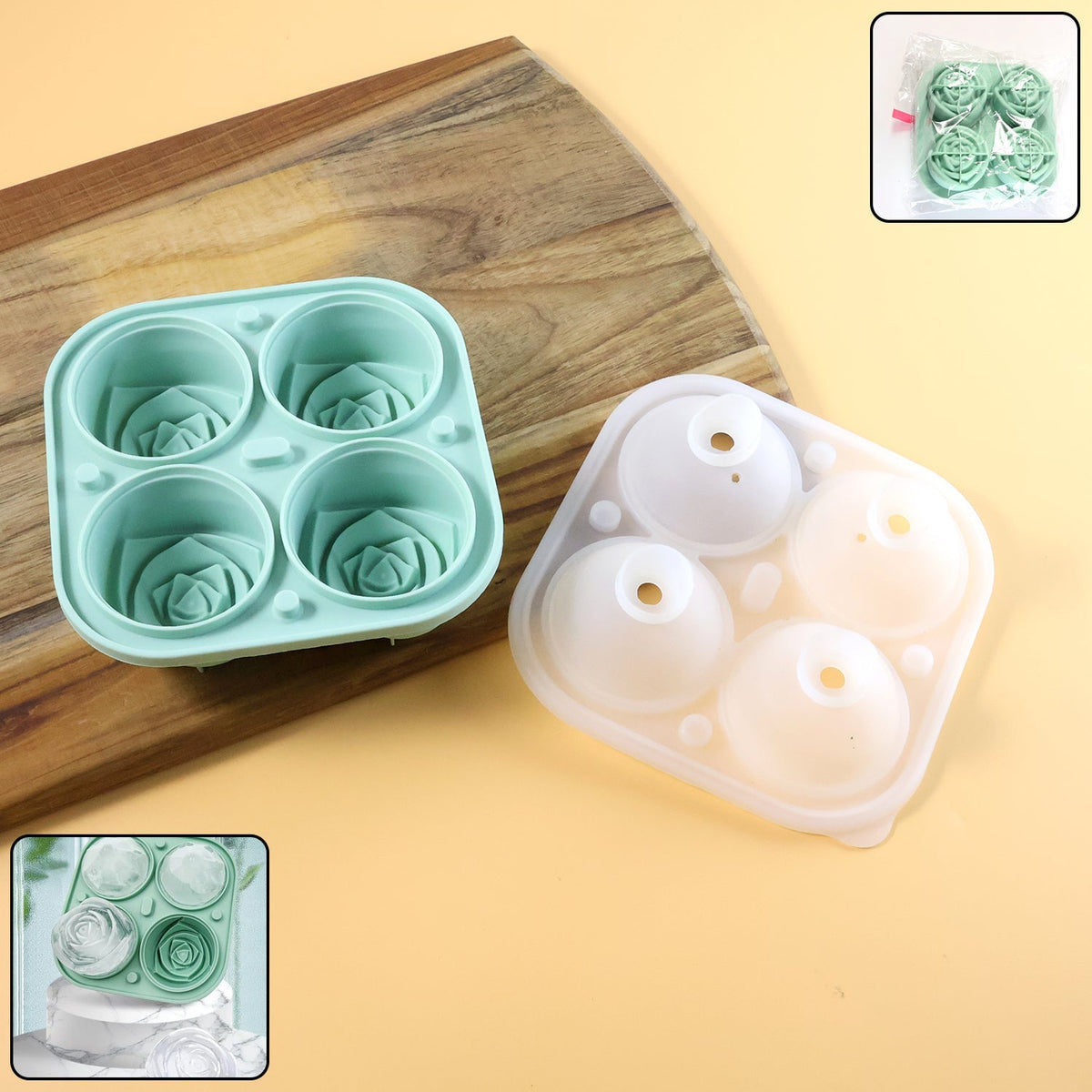 4-Grid Rose-Shape Ice Cube Tray Mold with Lid