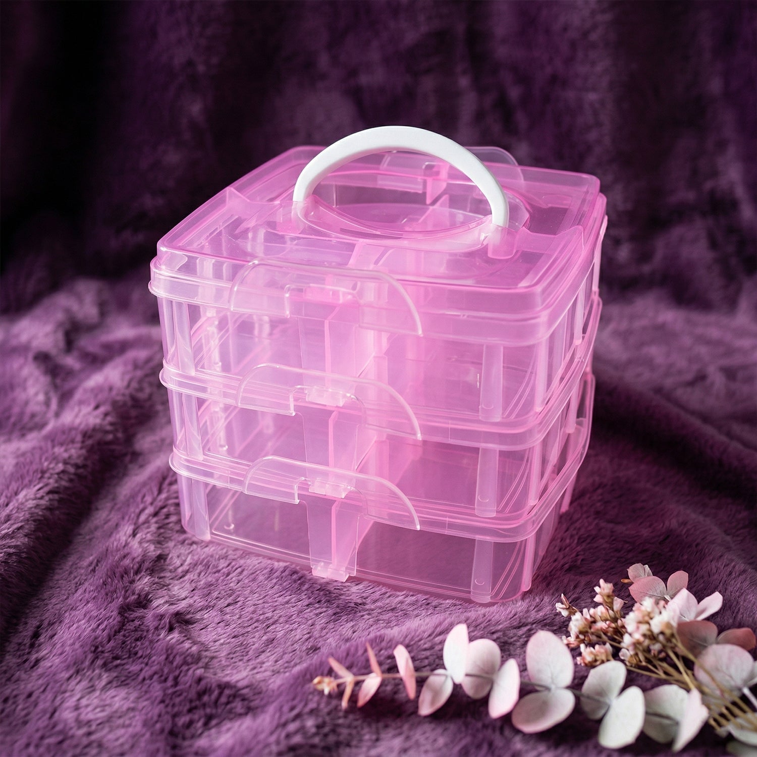 3-Tier Transparent Craft Storage Box with 18 Adjustable Compartments