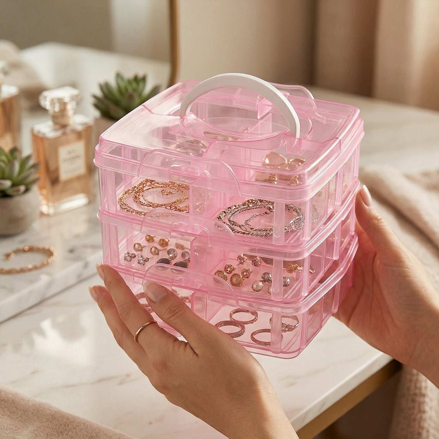 3-Tier Transparent Craft Storage Box with 18 Adjustable Compartments